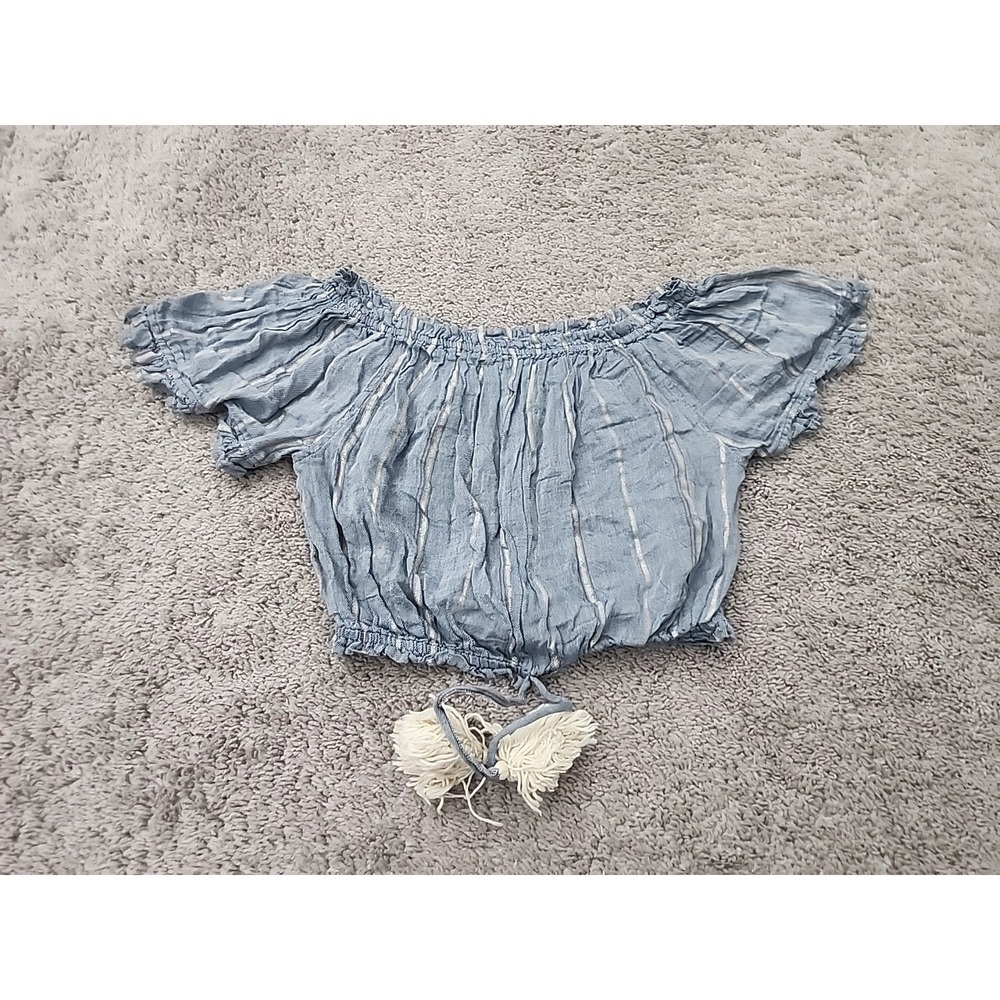 Pookie & Sebastian Crop Top Womens S Blue Striped Off the Shoulder Tassel Tie